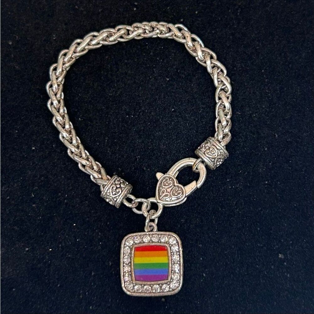 Silver-tone Charm Bracelet LGBTQ Rainbow Pride Flag Charm Chunky Wheat Chain